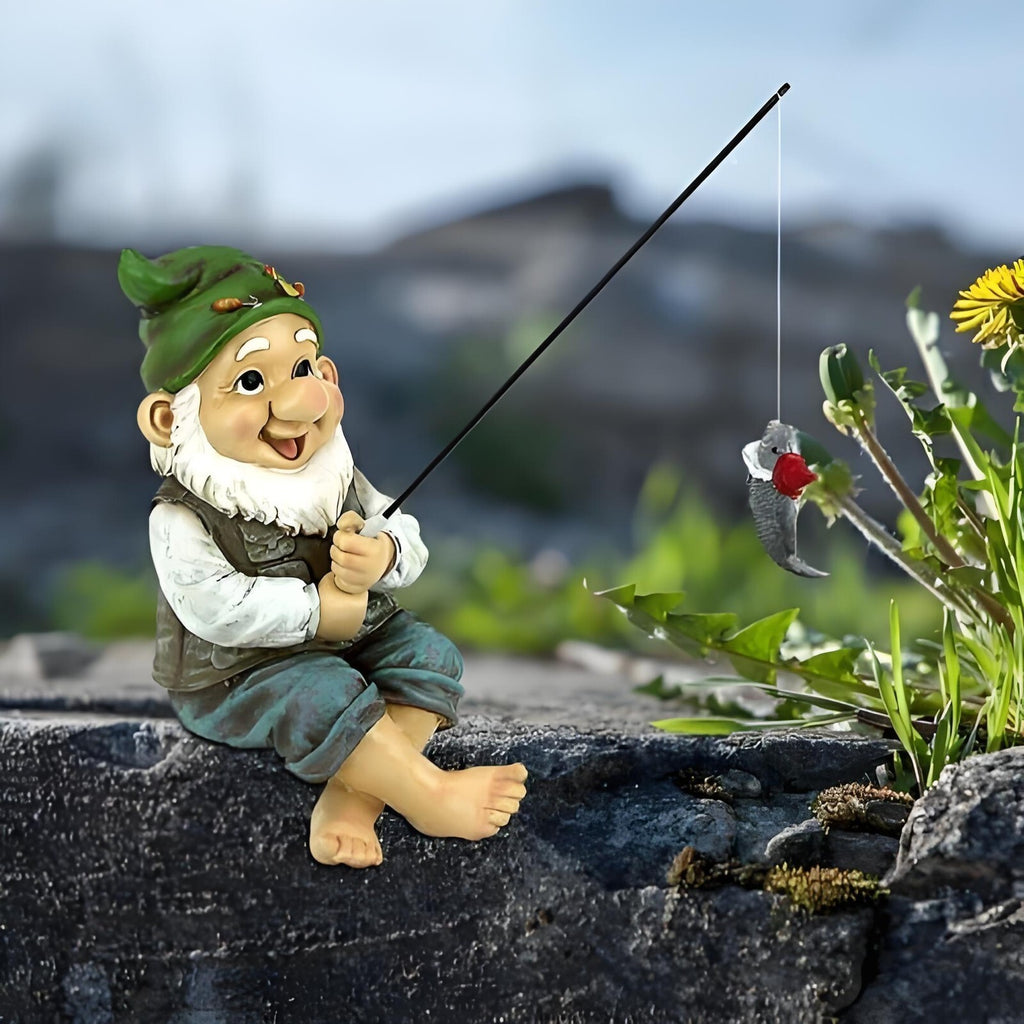 Garden Gnome Fishing Statue Resin Sitting Rod Fish Pond Decor Ornament