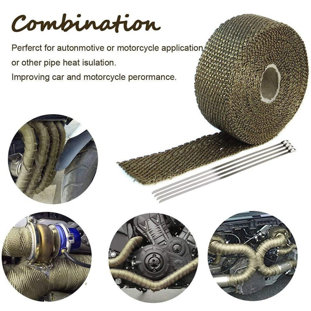 Titanium Gold Heat Wrap Tape 2 Rolls 10M Manifold Downpipe Exhaust With 20 Ties