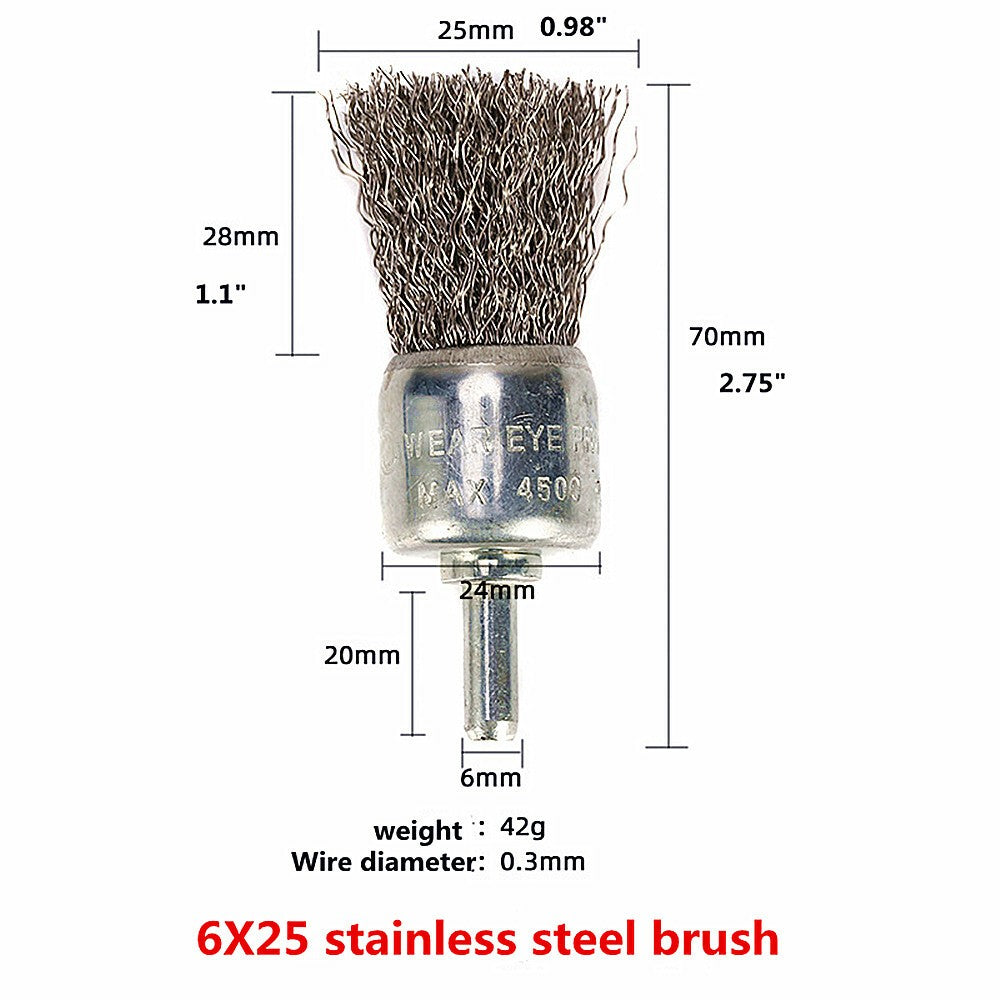 2pcs Crimped Steel Wire End Brush 25 mm wide on a 6 mm Shank FOR USE IN A DRILL