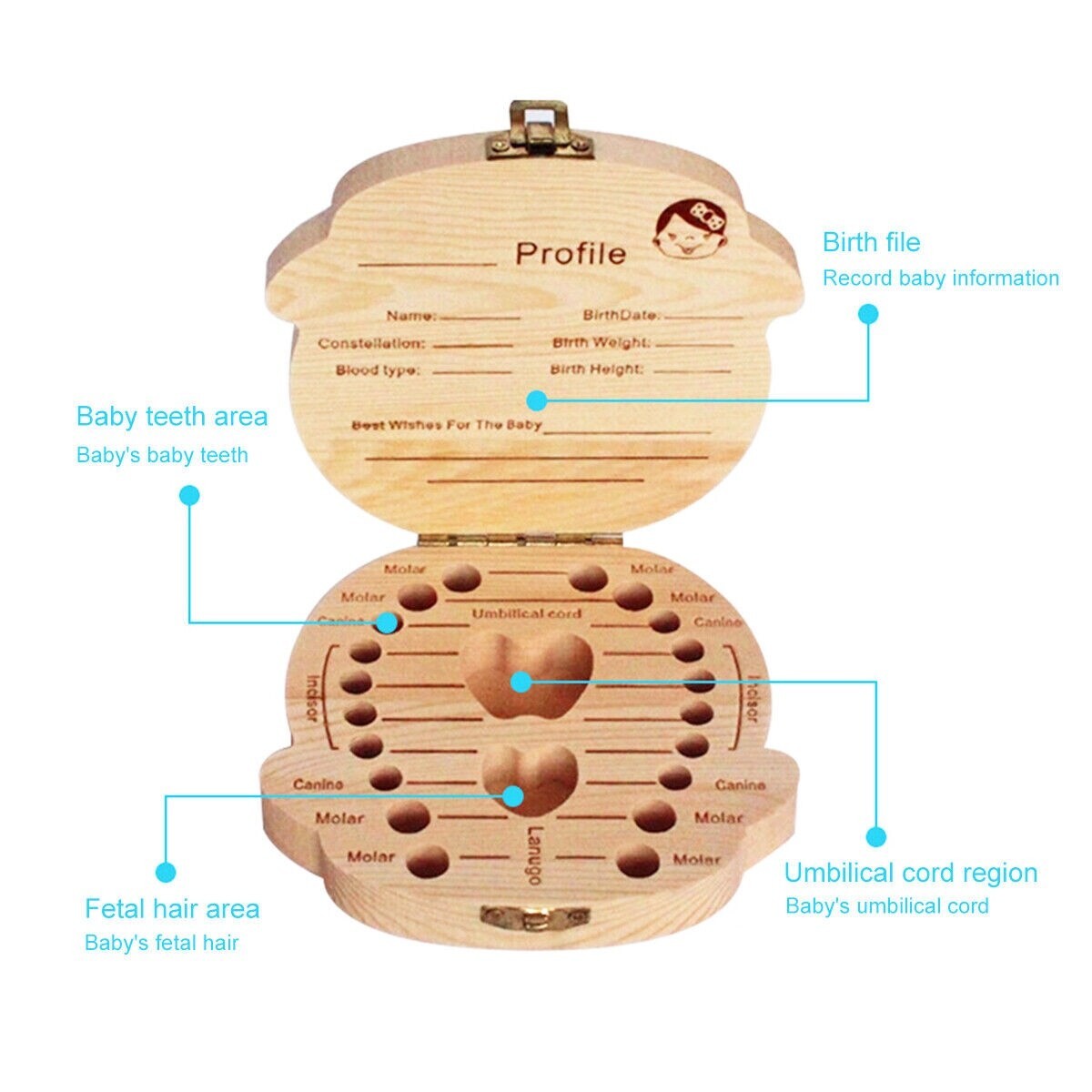 Baby Milk Teeth Keepsake Wooden Box Save Children Kids First Tooth Souvenir Gift