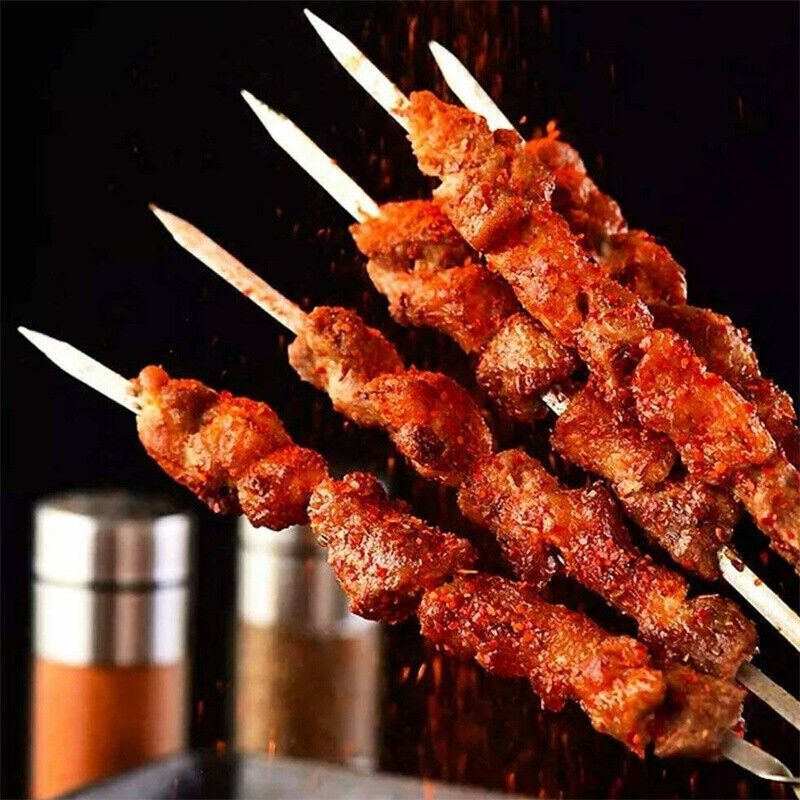10PCS BBQ LONG Metal Kebab Grill Steel Sticks Flat Skewers Barbecue Meat