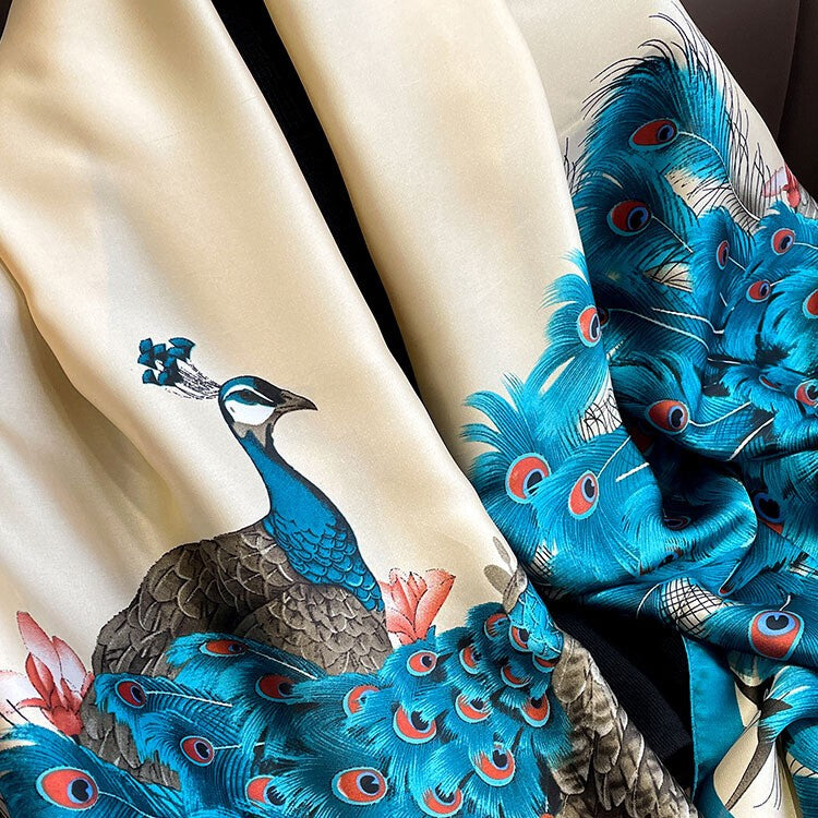 Women Beach Travel Shawl Fashion Blue Peacock Feather Scarves Silk Cover Scarf