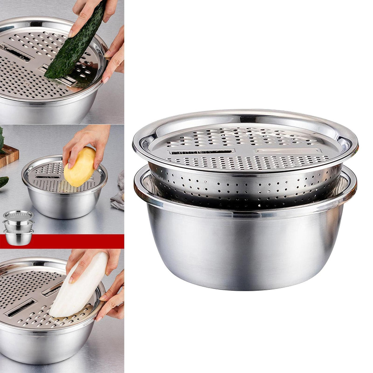 3IN1 Kitchen Basin Chopping Grater Cutter Strainer Bowl Set 28cm Stainless Steel