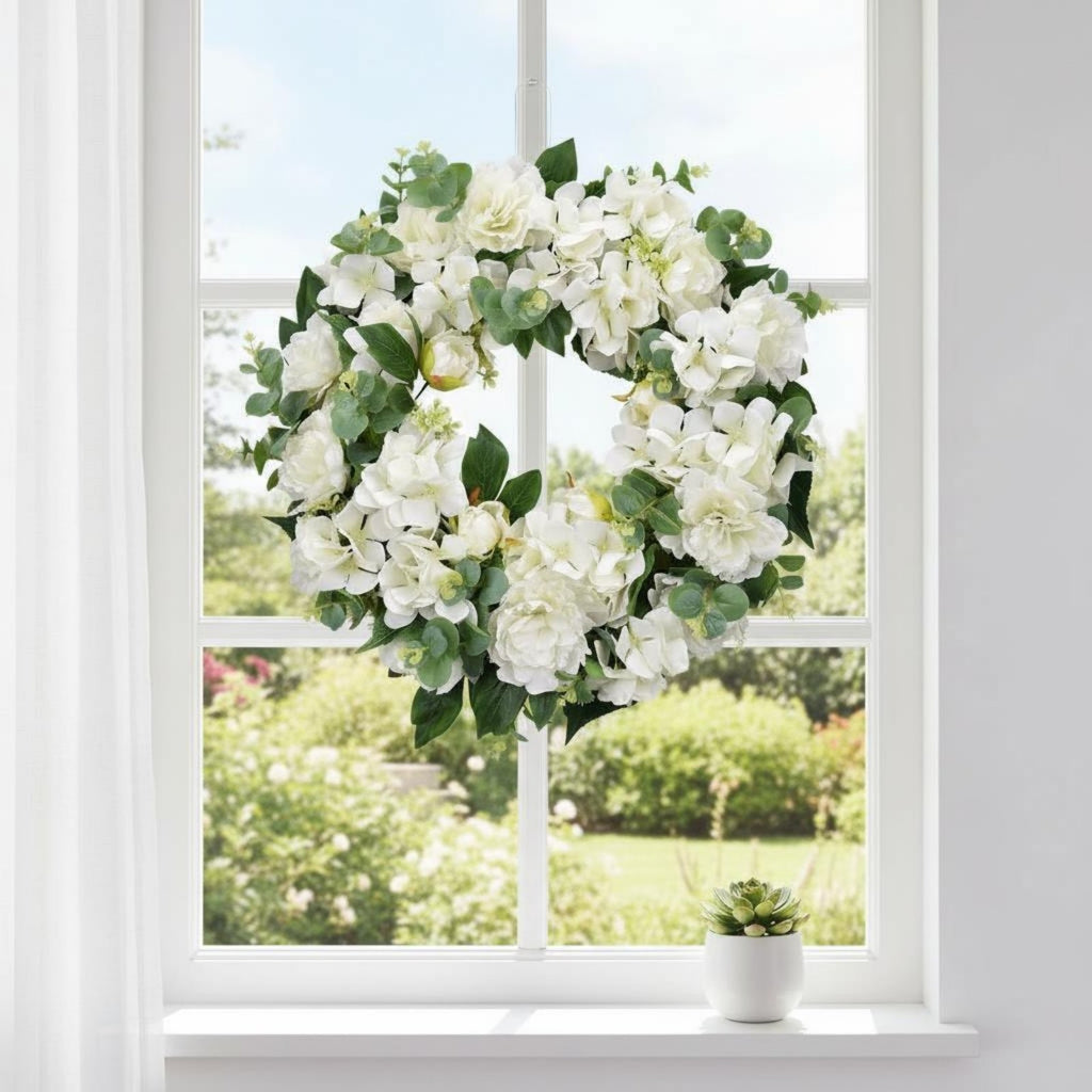 White Peony Hydrangea Wreath Indoor Outdoor Use Seasonal Summer Door Wreath.*