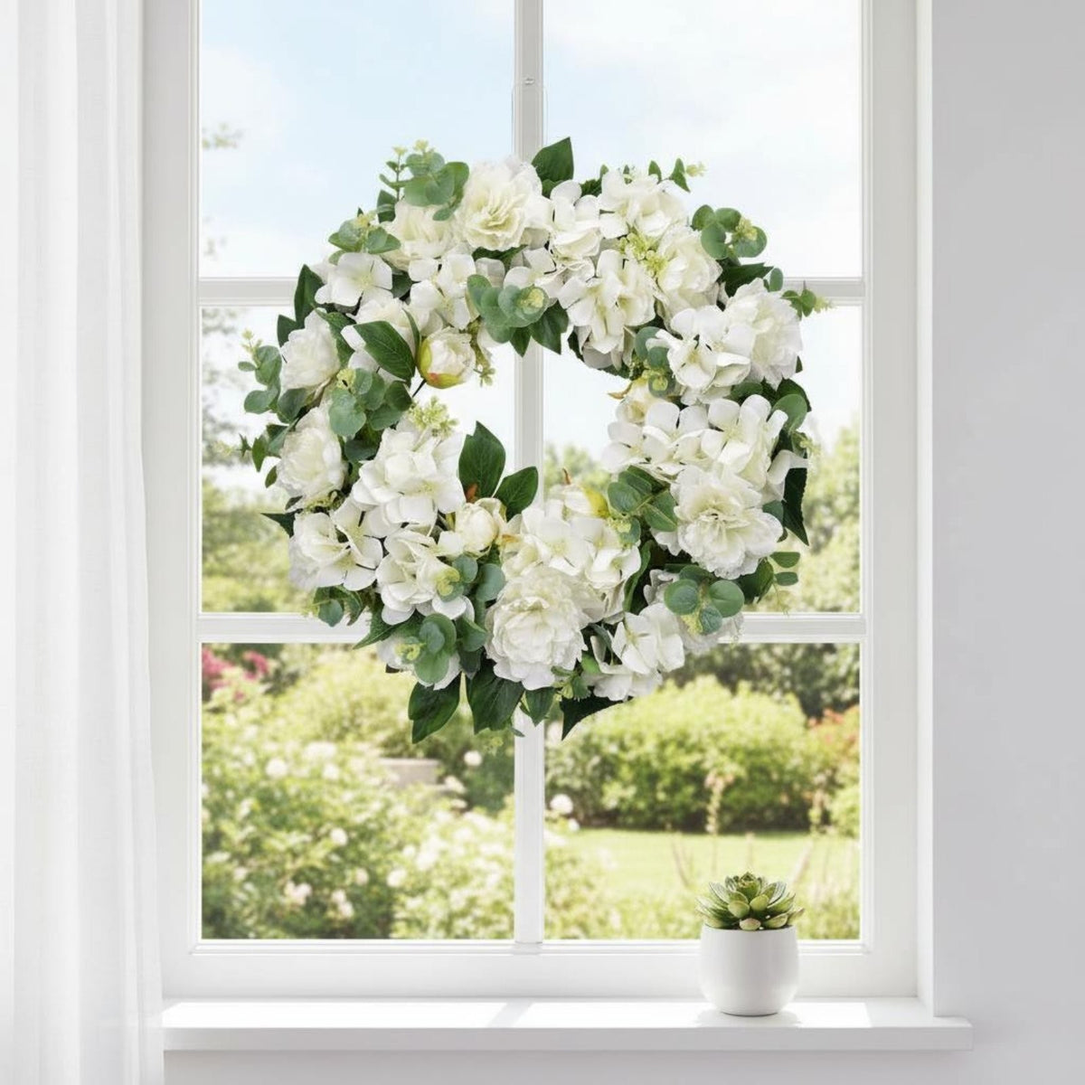 White Peony Hydrangea Wreath Indoor Outdoor Use Seasonal Summer Door Wreath.*