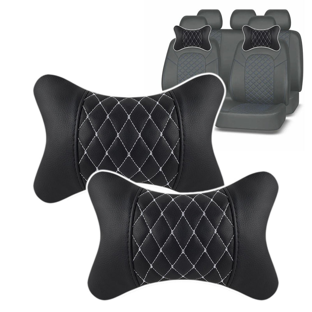 2pc Car Seat Head Neck Rest PU Leather Support Cushion Pad HeadRest Bone Pillow
