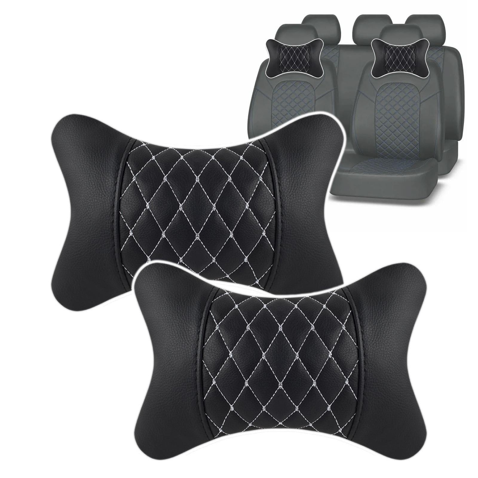 2pc Car Seat Head Neck Rest PU Leather Support Cushion Pad HeadRest Bone Pillow