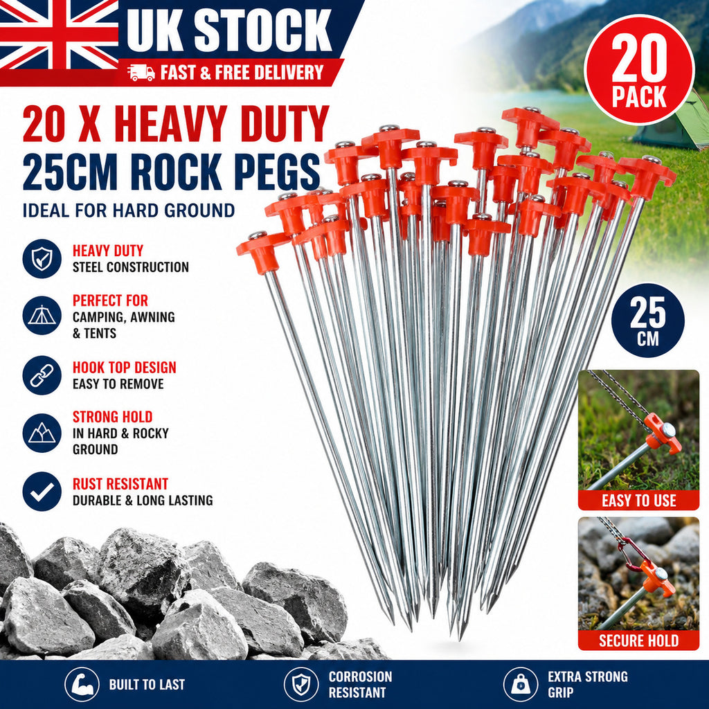 20 PCS Heavy Duty Hard Ground 25 cm Rock Peg Hook Top Camping Awning Tent UK