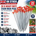 20 PCS Heavy Duty Hard Ground 25 cm Rock Peg Hook Top Camping Awning Tent UK