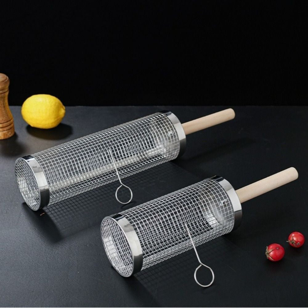 Rolling Grill Basket BBQ Net Tube Cylinder BBQ Grilling Meat Vegetable Cage UK