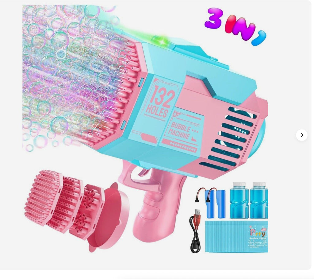 Bubble Machine Gun for Kids - 132 Holes Bubble Gun with Liquid, Outdoor & Indoor