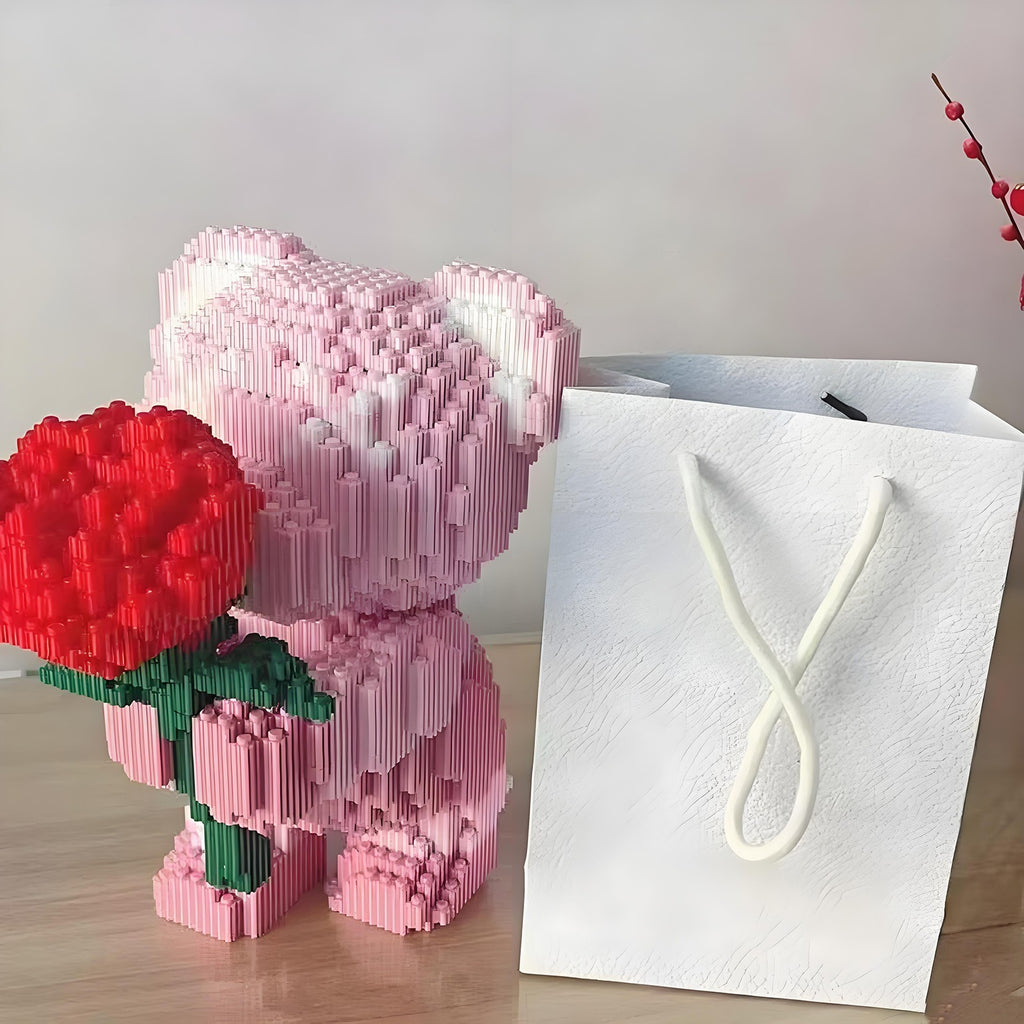 DIY Bear Micro Building Block Toy with Rose Gift for Adults & Boys & Girls