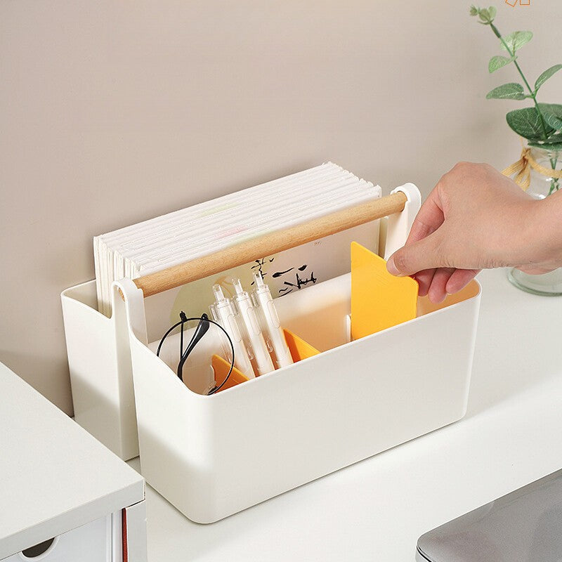 Stationery Pen Compartment Storage Box Wooden Handle Remote Control Storage Box