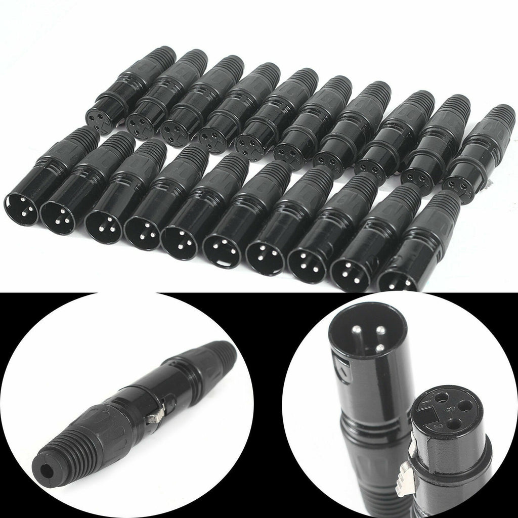20x XLR 3 Pin Male Female Connector DMX Audio Microphone Cable Plug Black