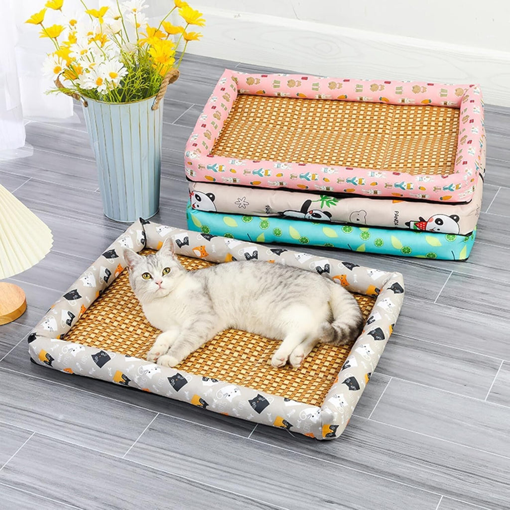 Ice Rattan Cooling Bed for Cats Dogs,Pet Cooling Mat, Washable natural rattan