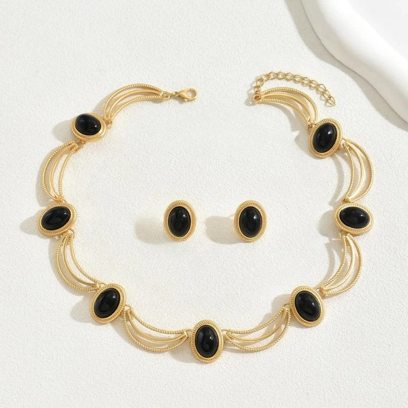 Vintage Inlaid Gemstone Earrings Necklace Sets Zinc Alloy Palace Style Fashion