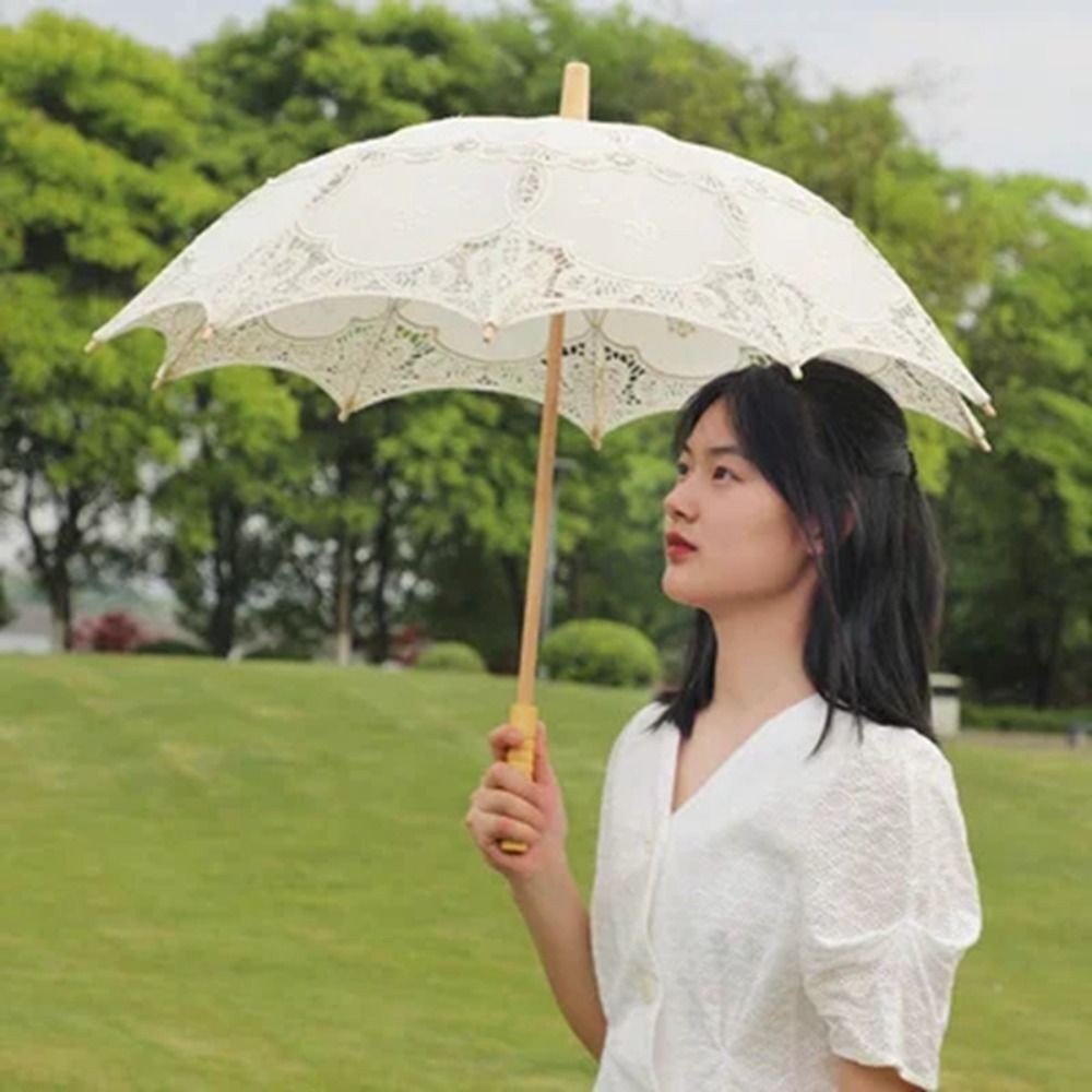 Wooden Handle Prop Umbrella Hollowed Parasol Umbrella  Women