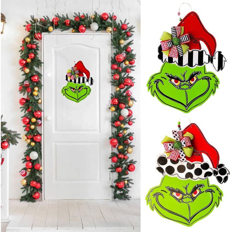 Grinch Christmas Wooden Wreath Front Door Welcome Sign Home Decorations