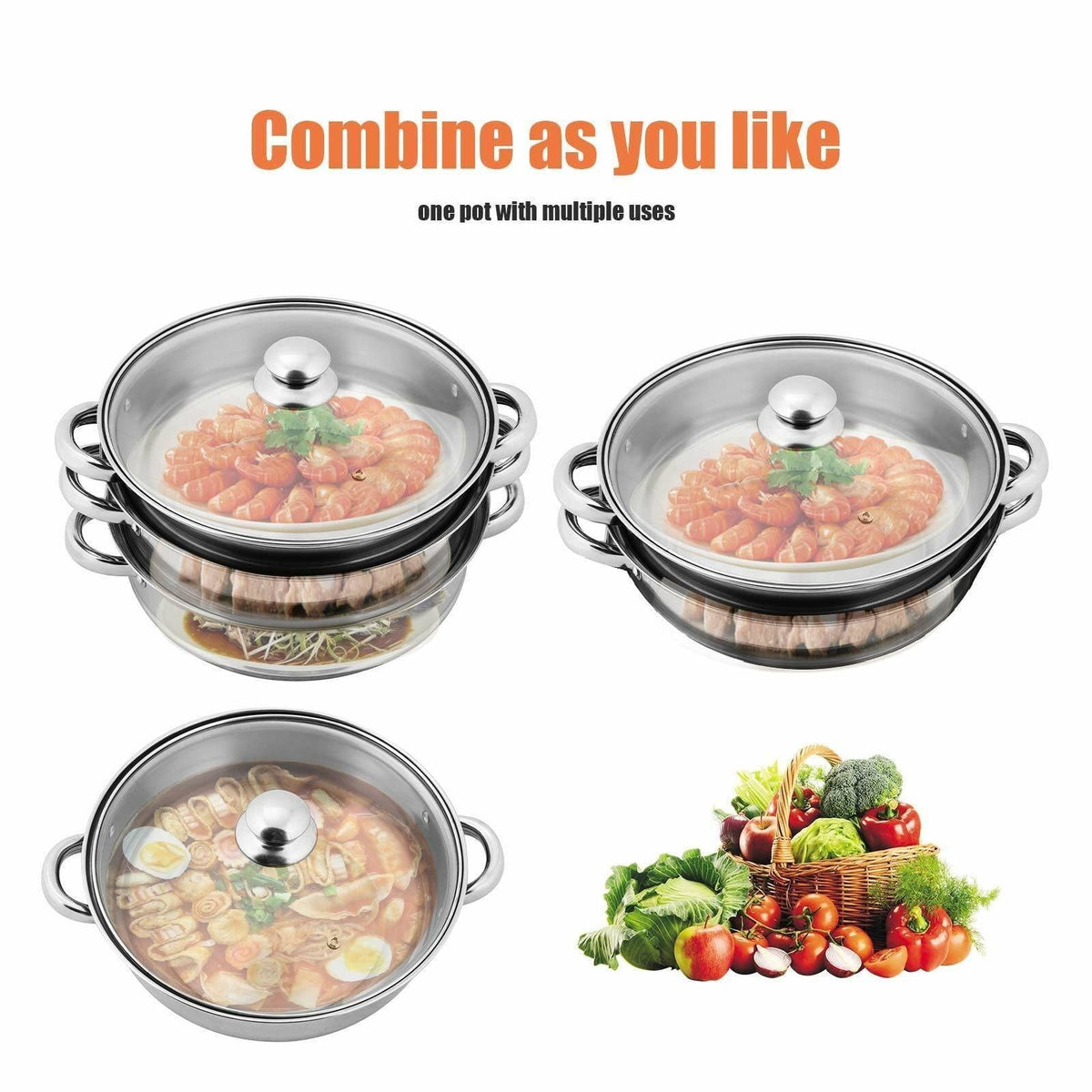 3 Tier 28CM Stainless Steel Steamer Pot Set 3PC Cookware With Glass Lids