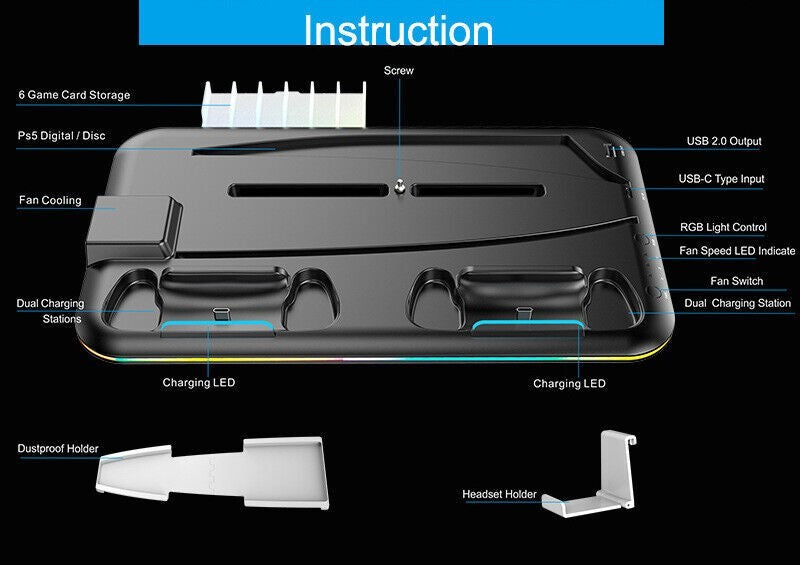 Dual Controller Charging Dock + Cooling Fan Stand RGB Light For PS5 Accessories