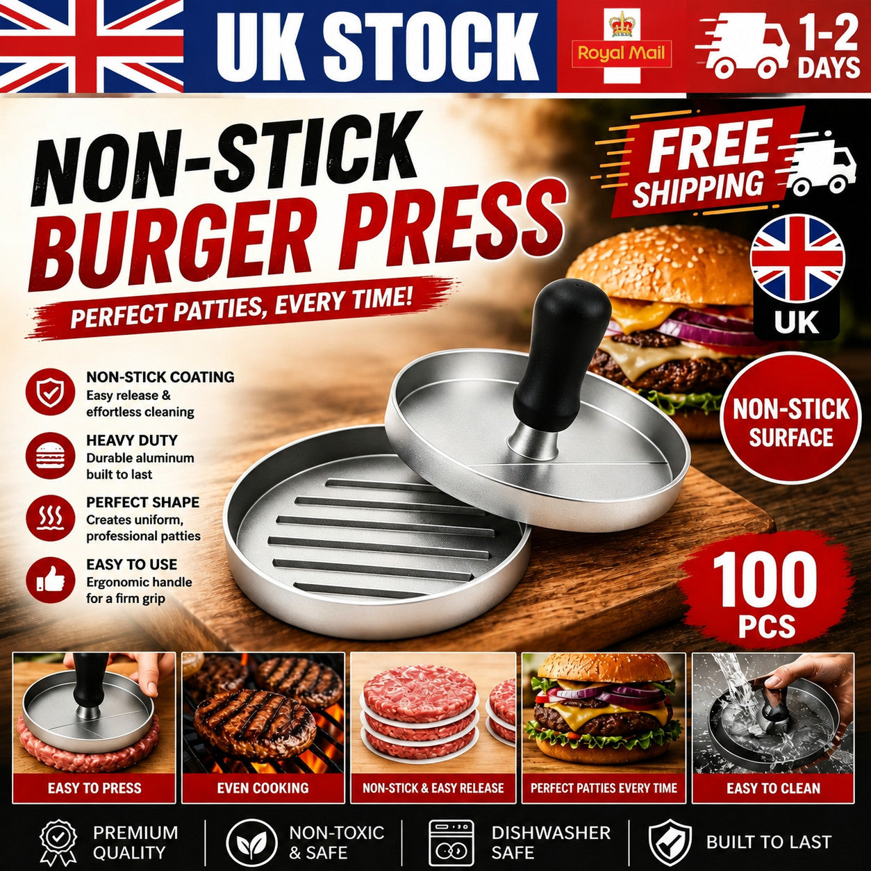 Stainless Steel Burger Press 4.72 Inch round Burger Smasher Heavy-Duty Smash UK