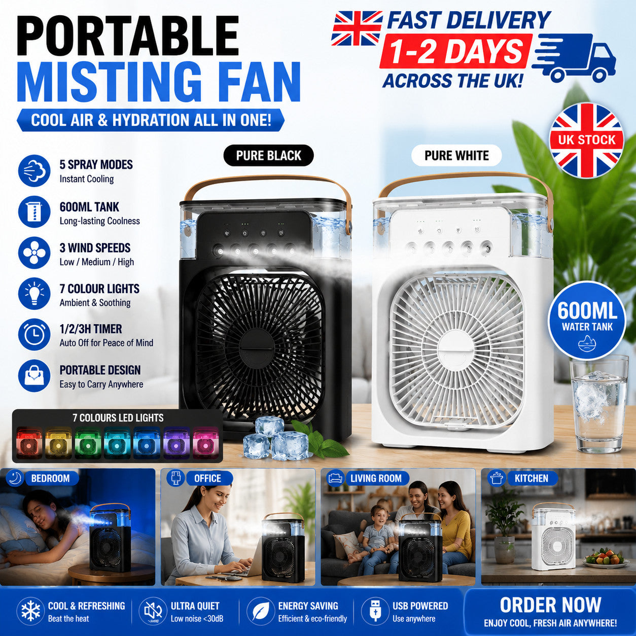 2X Portable Air Cooler Fan Black & White Evaporative AC Humidifier UK