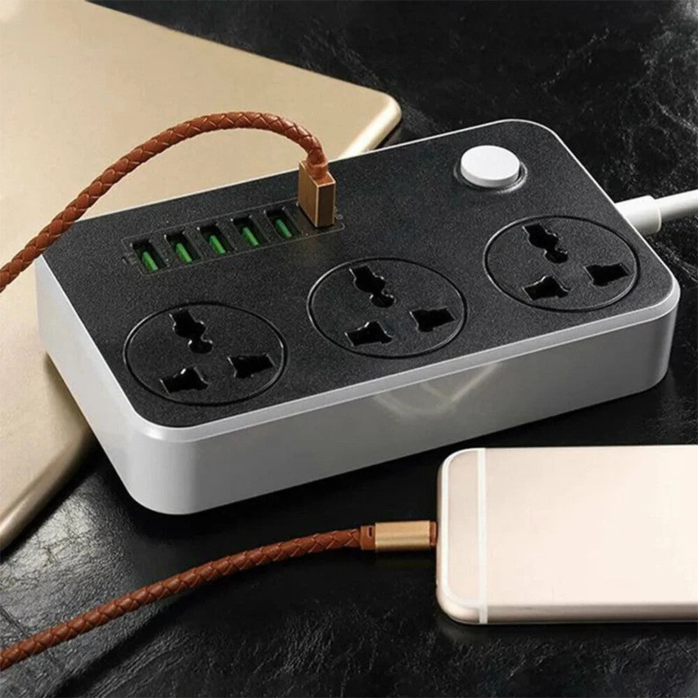Extension Lead with 6 USB Cable Electric Plug Socket UK Mains Power 3 Gang Way