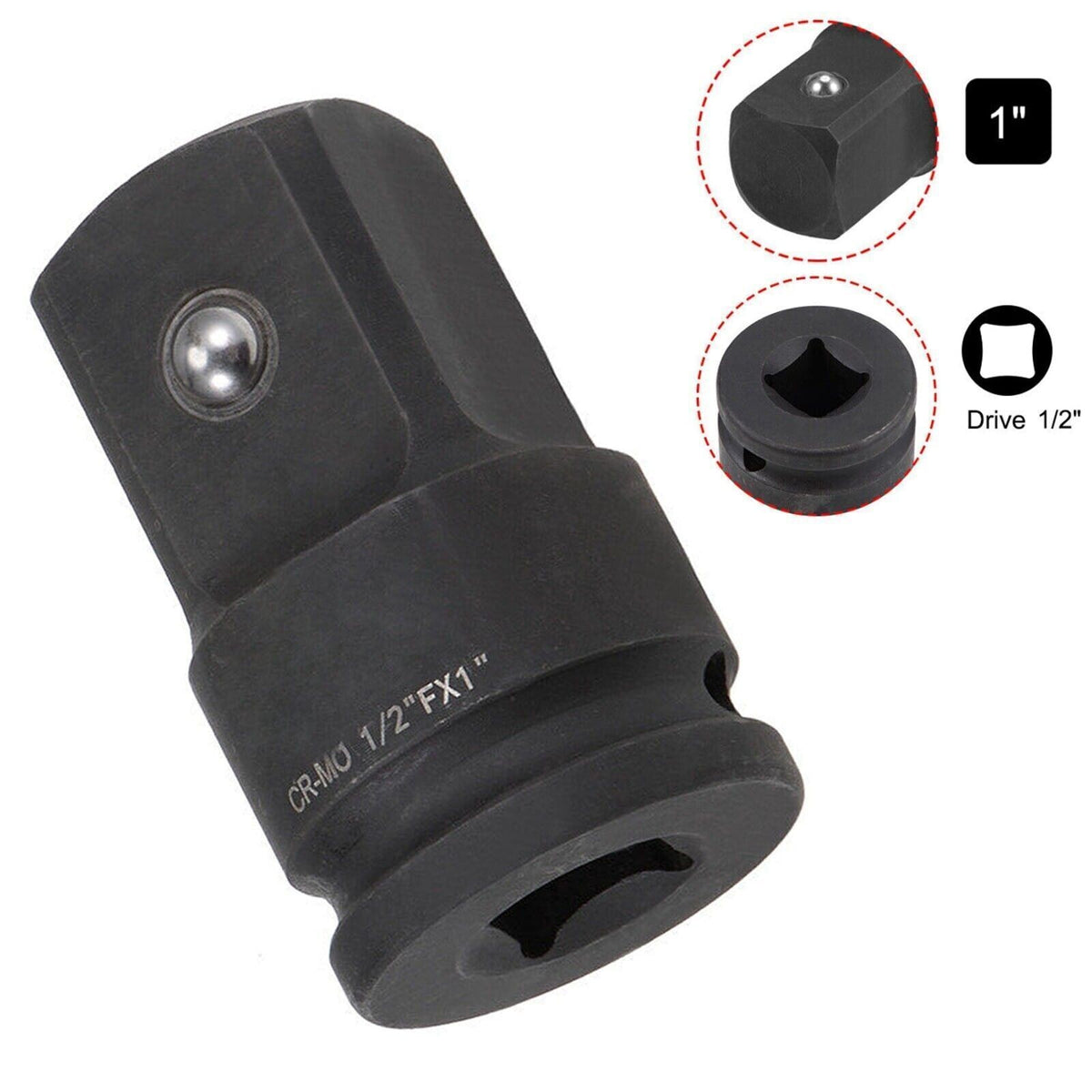 1/2" Female to 1" Male Impact Socket Adapter Cr-Mo Heavy Duty Drive Converter