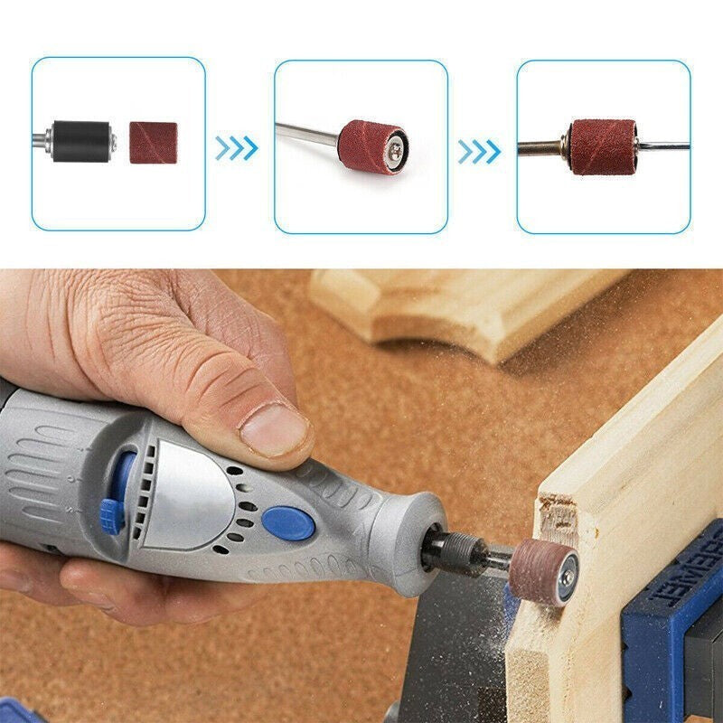 132Pcs Sanding Bands Drum Sleeve Grit Mandrel Dremel Rotary Tool Kit Accessories