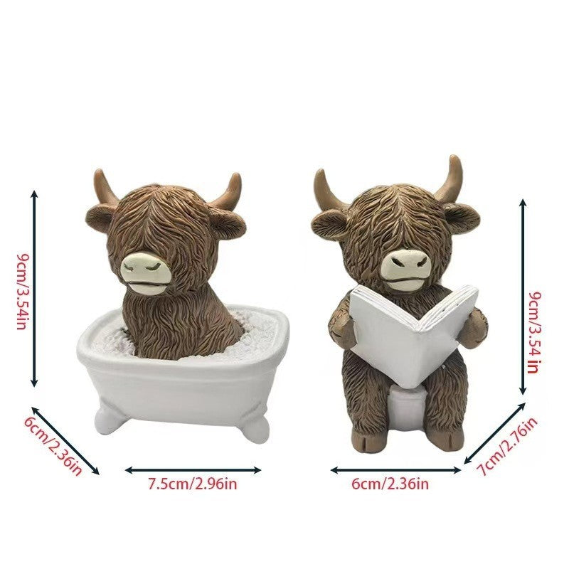Figurine Ornament Resin Highland Cow Reading on Loo Home Decoration Gift Idea