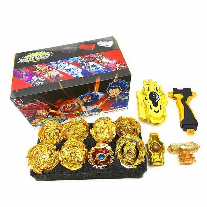 8pcs Golden Beyblade Set Gyro Burst With Launcher Portable Storage Box Kids Gift