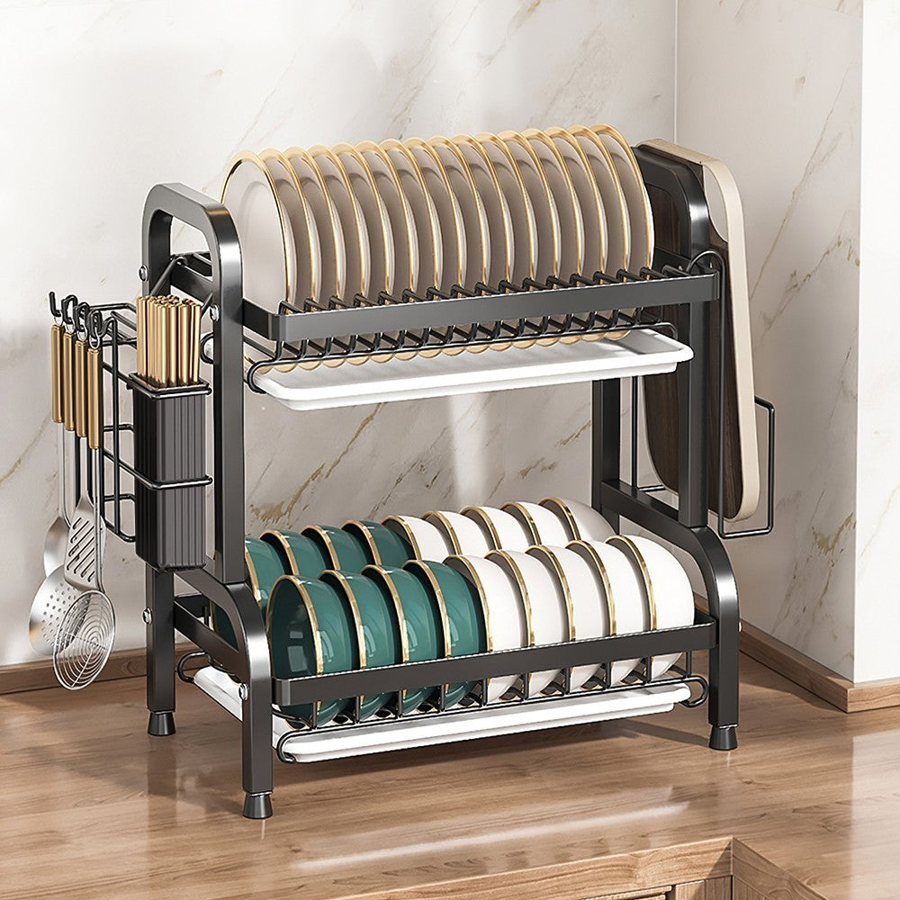 2 Tiers Large Dish Drainer Plate Rack Dryer Knives Cutlery Holder with Drip Tray