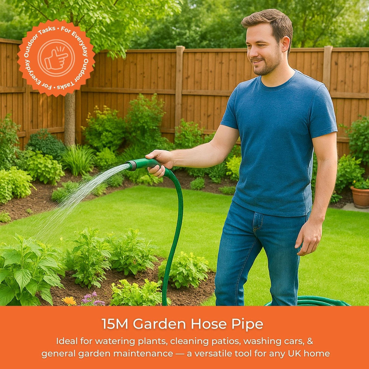 15M Garden Hose Pipe Set With Nozzle, Fittings and 4 Spray Patterns