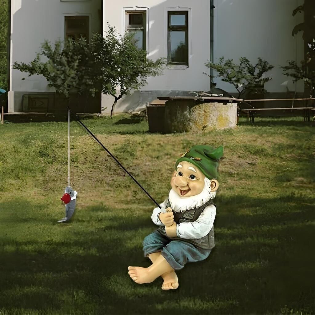 Garden Gnome Fishing Statue Resin Sitting Rod Fish Pond Decor Ornament
