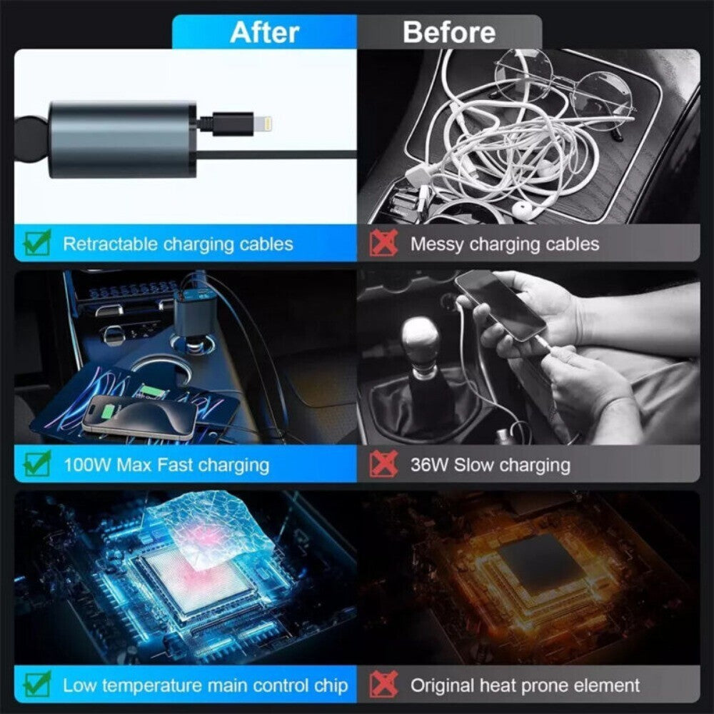 4 in1 Retractable Fast Car Charger with Starlight 120W USB C for iPhone &Android