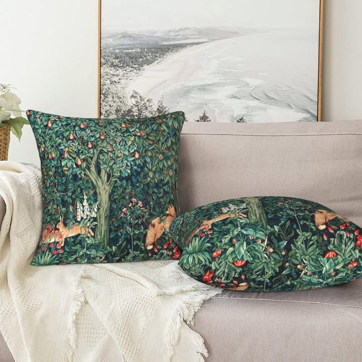 Set of 2 William Morris Pillow Covers Forest Fox Hares Blue Green Floral