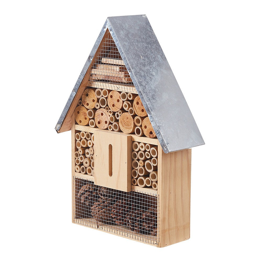 Wooden Insect Hotel Metal Roof Nesting Home Bee Keeping Bug Garden Ladybird Box