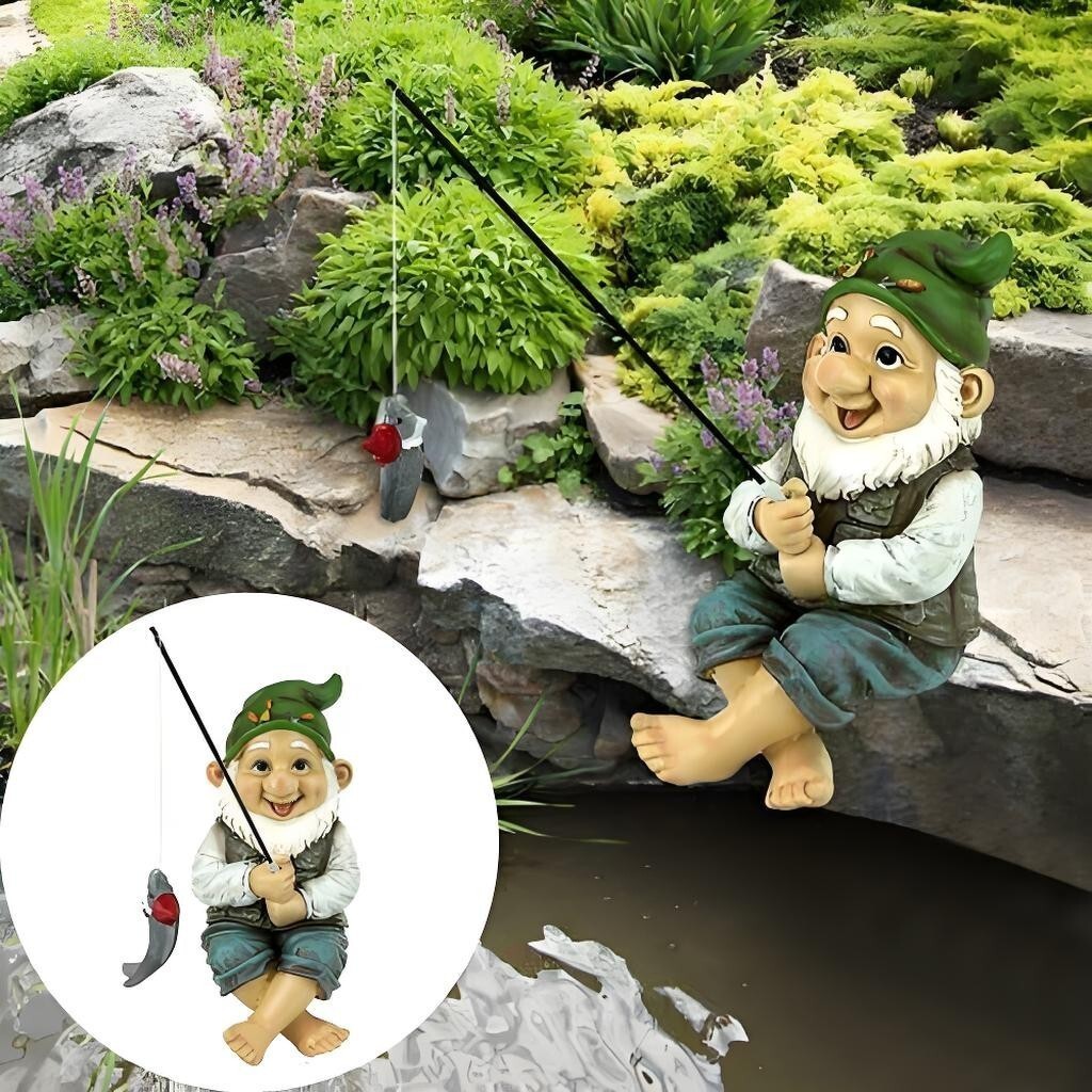 Garden Gnome Fishing Statue Resin Sitting Rod Fish Pond Decor Ornament