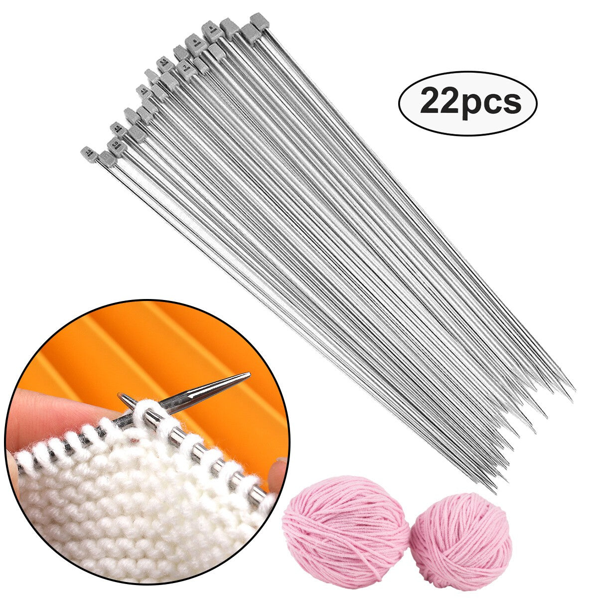 22Pcs Knitting Needle Set 2mm-8mm Stainless Steel Sewing Single Pointed 25cm