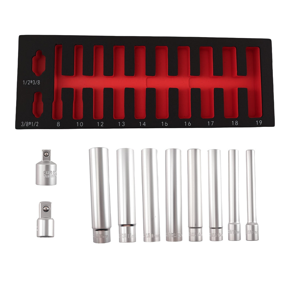12-Point Extra Deep Socket Metric 8-19mm 1/2" 3/8" Drive 120mm 12 Piece