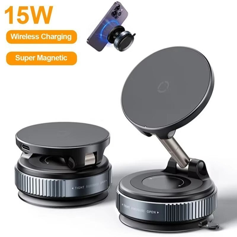 15W Magnetic Wireless Car Phone Holder Fast Charger with Suction Mount Base