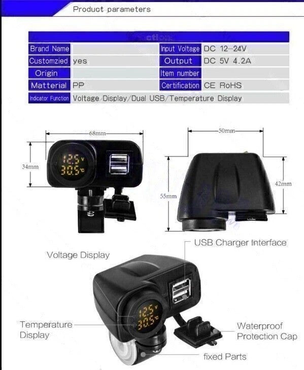 Yellow LED 12V Motorcycle USB Charger 2.1A+2.1A w/ Digital Voltmeter Thermometer