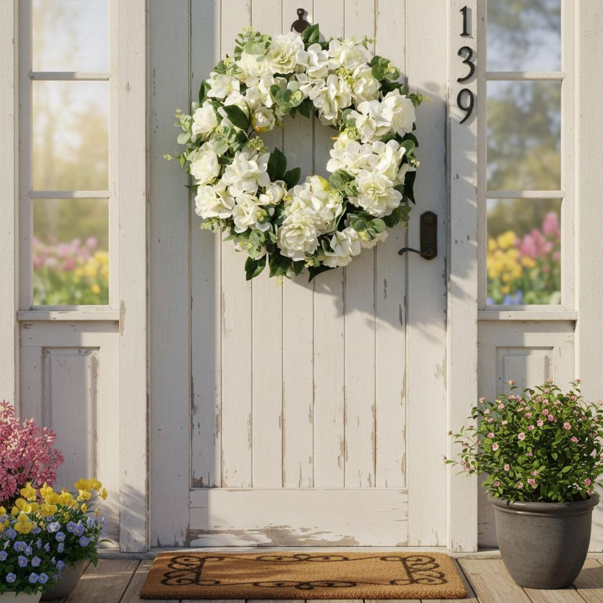 White Peony Hydrangea Wreath Indoor Outdoor Use Seasonal Summer Door Wreath.*