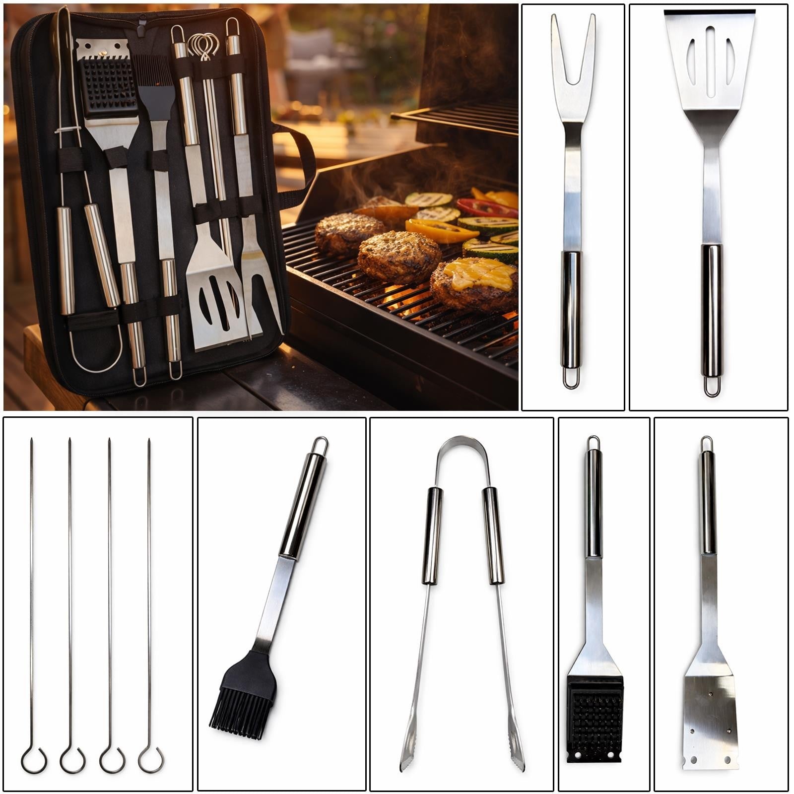 6PCS BBQ Tool Set Stainless Steel Barbecue Accessories Kit With Carry Case