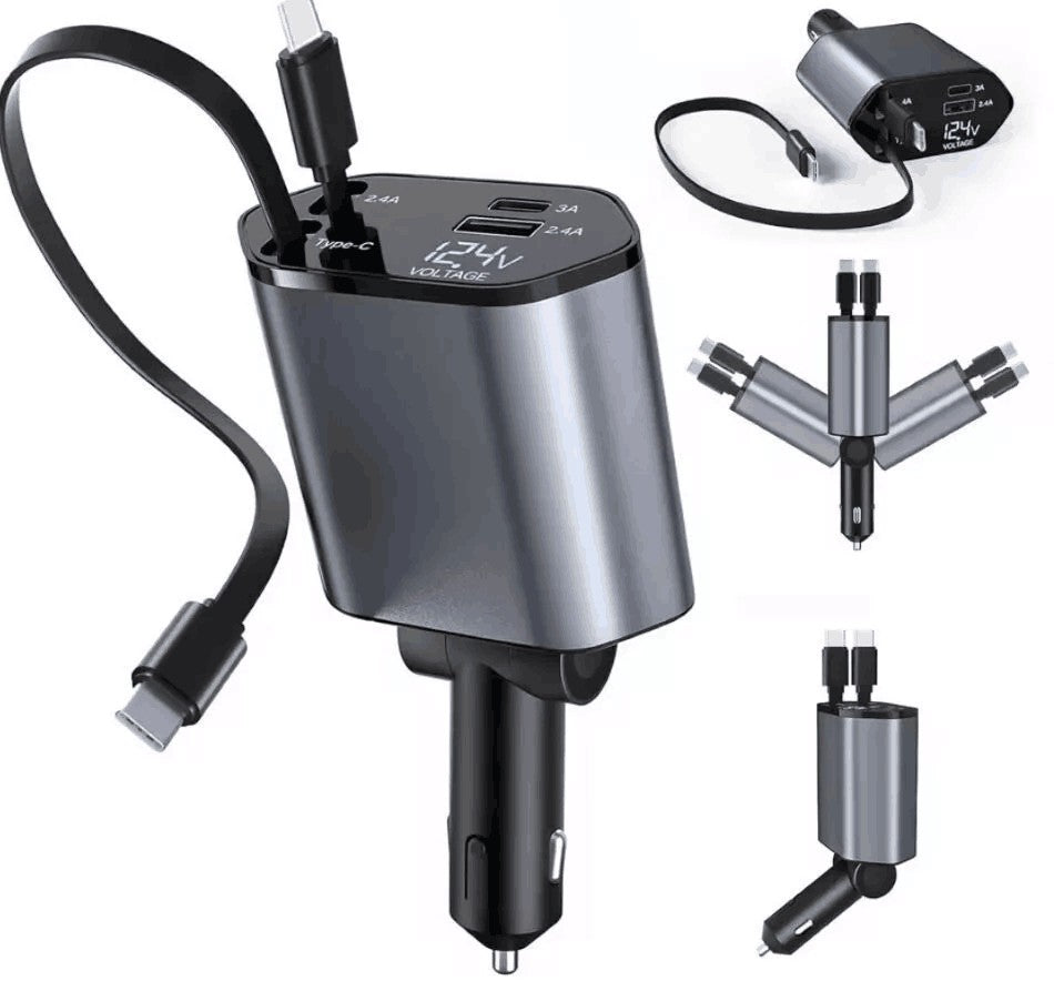 Retractable Car Charger 4IN1 120W USB Type C Cable For Phone Fast Charge Adapter