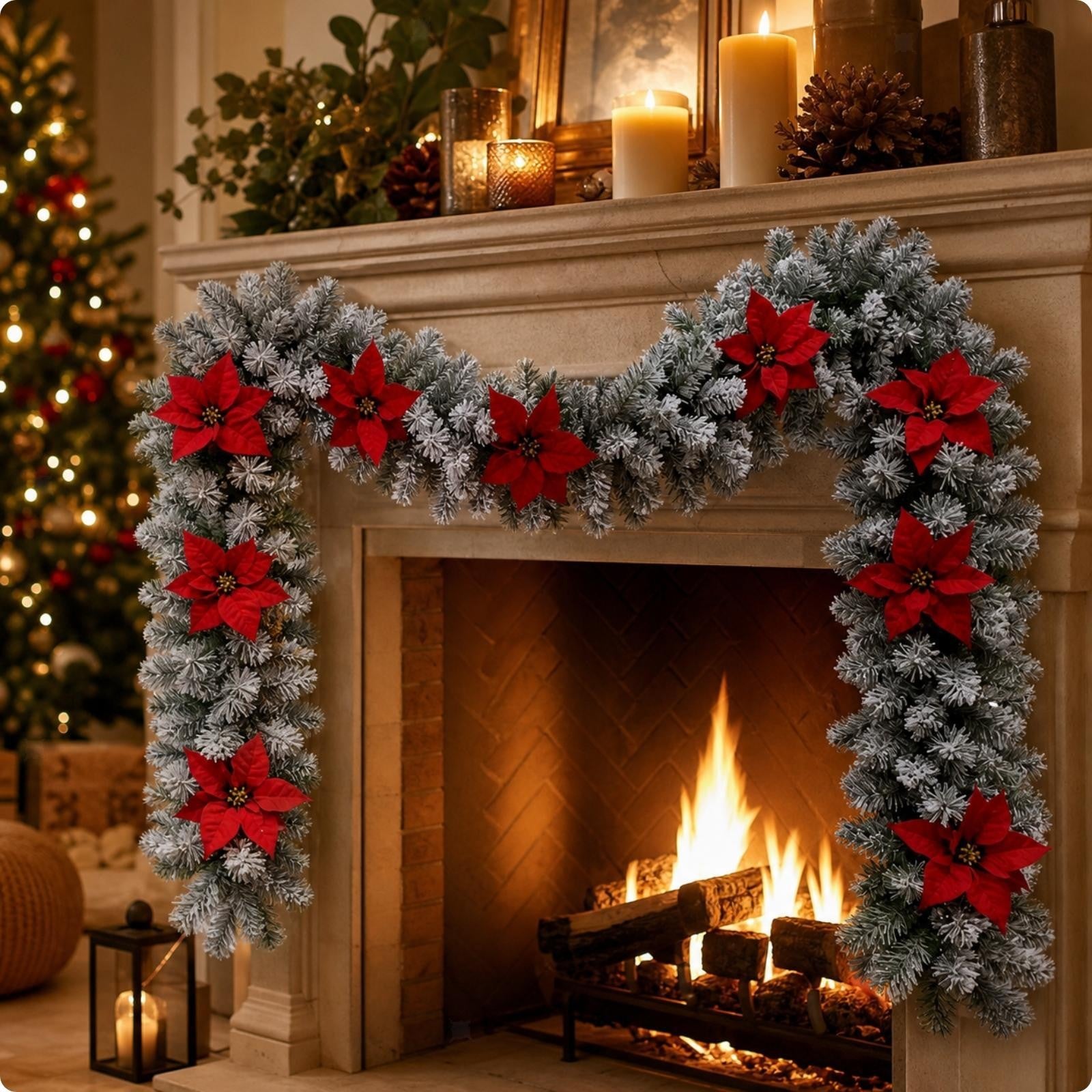 Fir Garland with Poinsettias Winter Decorations Flexible for Mantel