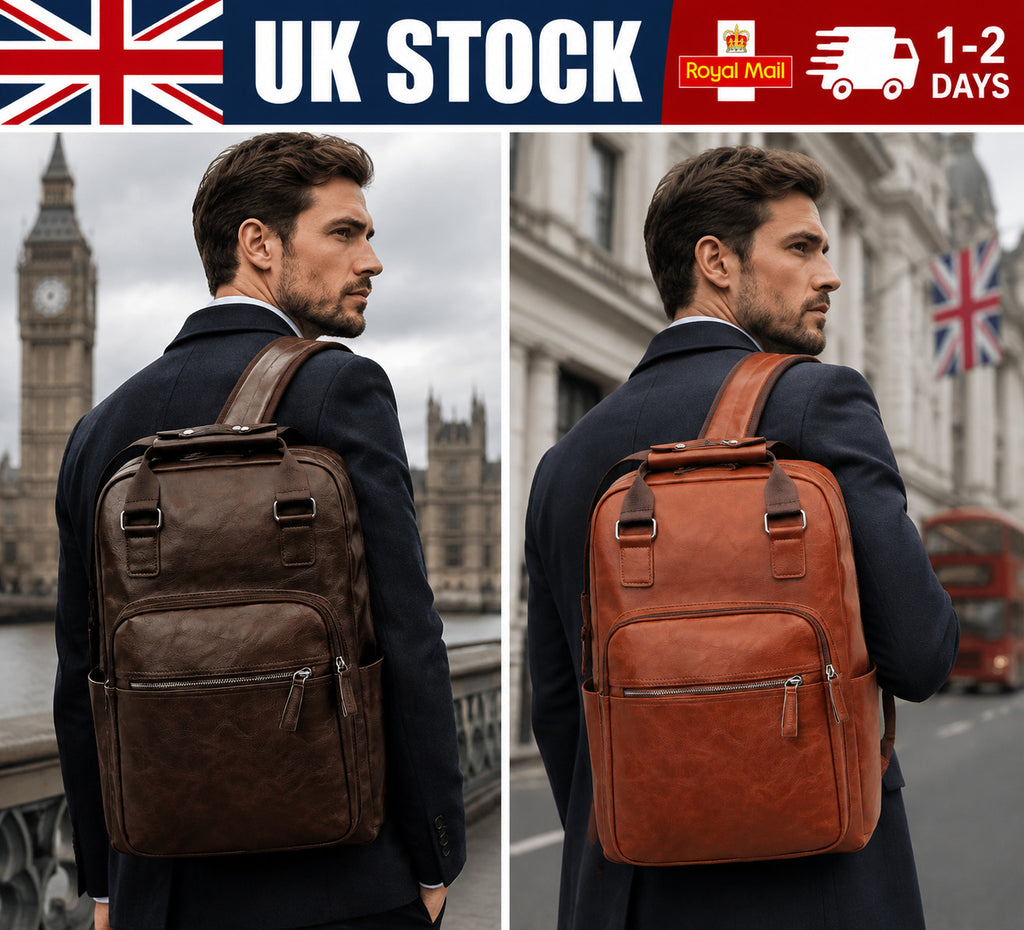 Men's PU Leather Laptop Backpack Men High Quality Large School Travel Bag UK