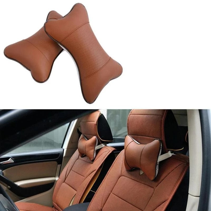 2x Auto Car Seat Head Neck Rest Leather Support Cushion Pad HeadRest Bone Pillow