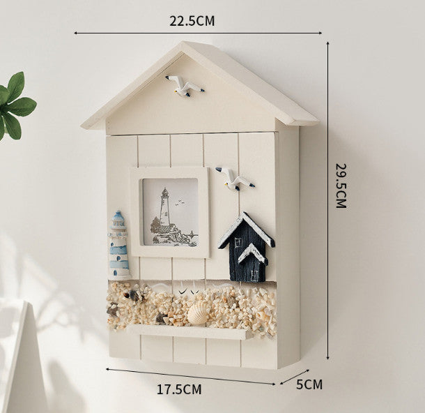Wall Wooden Key Storage Box Ocean Theme Decoration 11.6x2x8.8inch Handmade