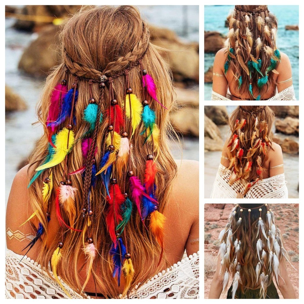 Boho Feather Headband Rainbow Indian Headbands Hippie Feather Headdress